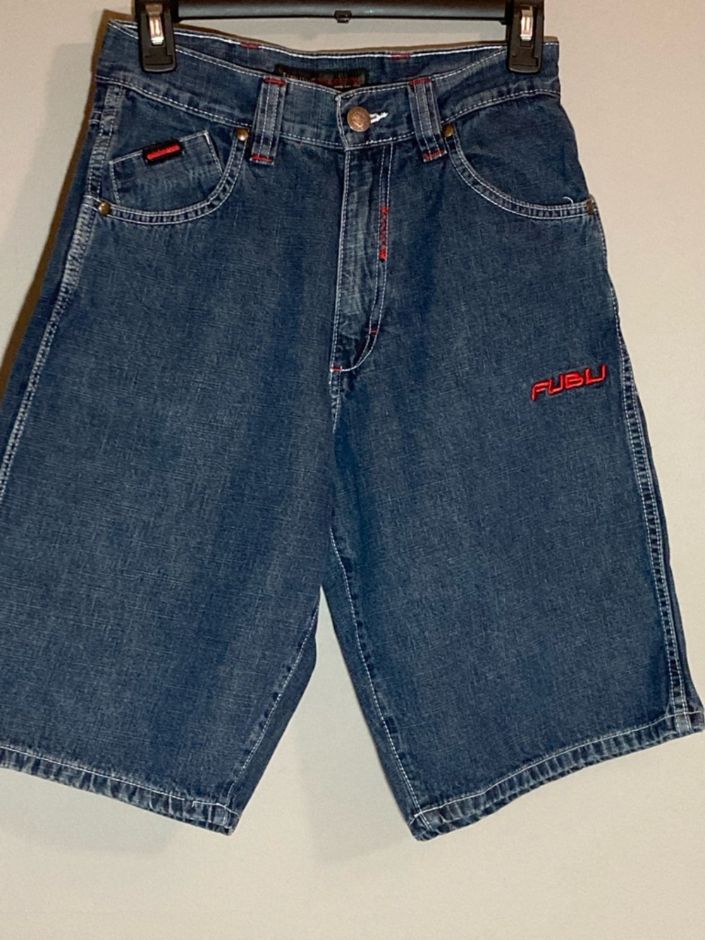 FUBU Youth 14R Blue Denim Shorts Red Logo